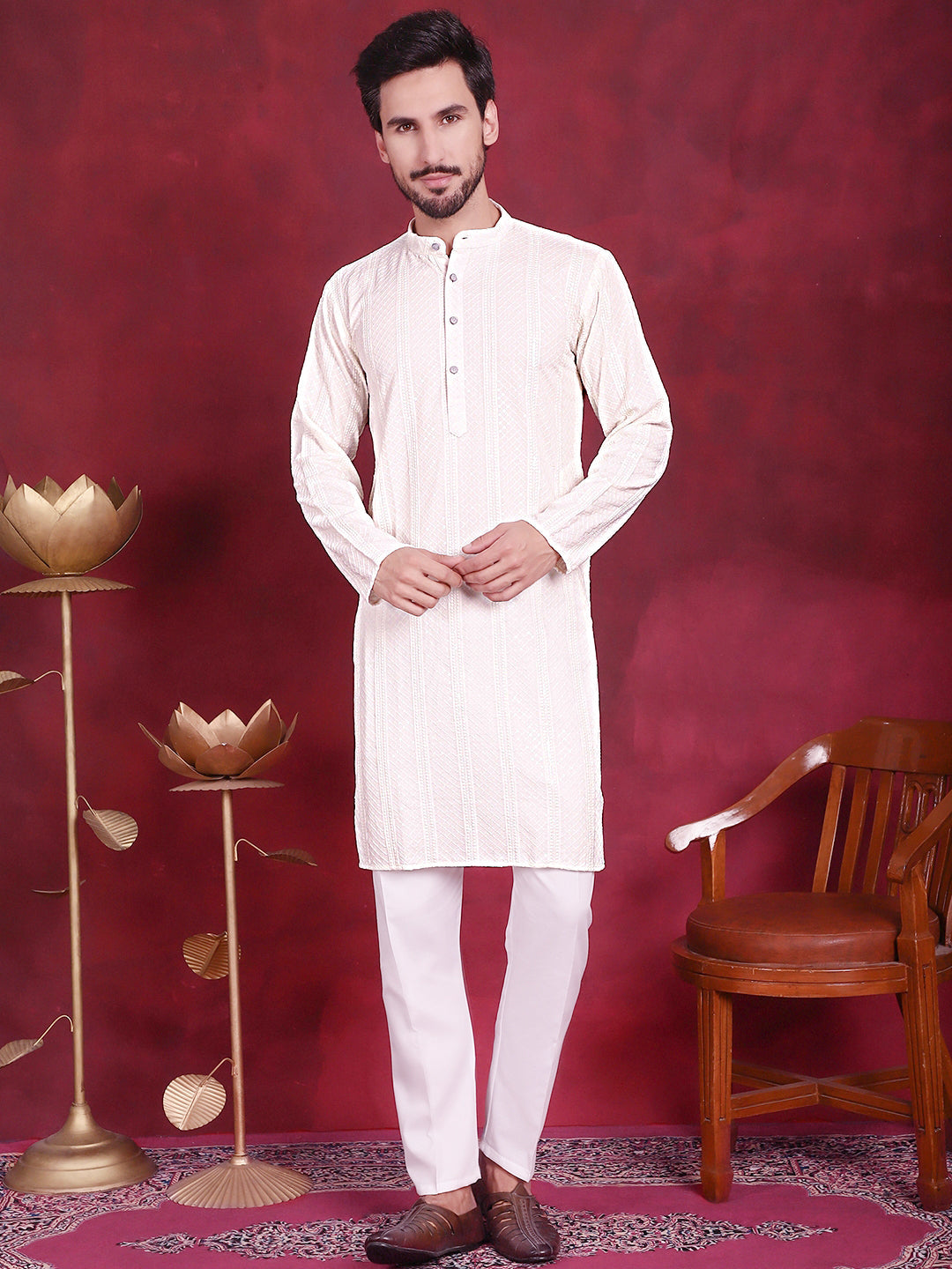 Mens Sequins Chikankari Embroidered Kurta With Pyjama