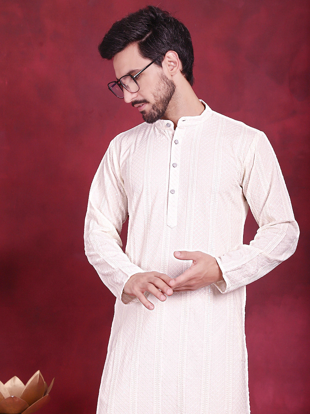 Mens Sequins Chikankari Embroidered Kurta With Pyjama