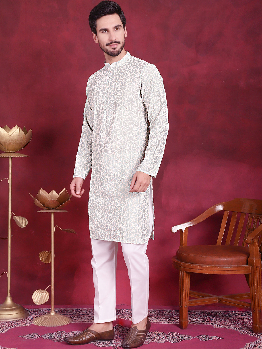 Mens Chikankari Embroidered Kurta Pyjama Set