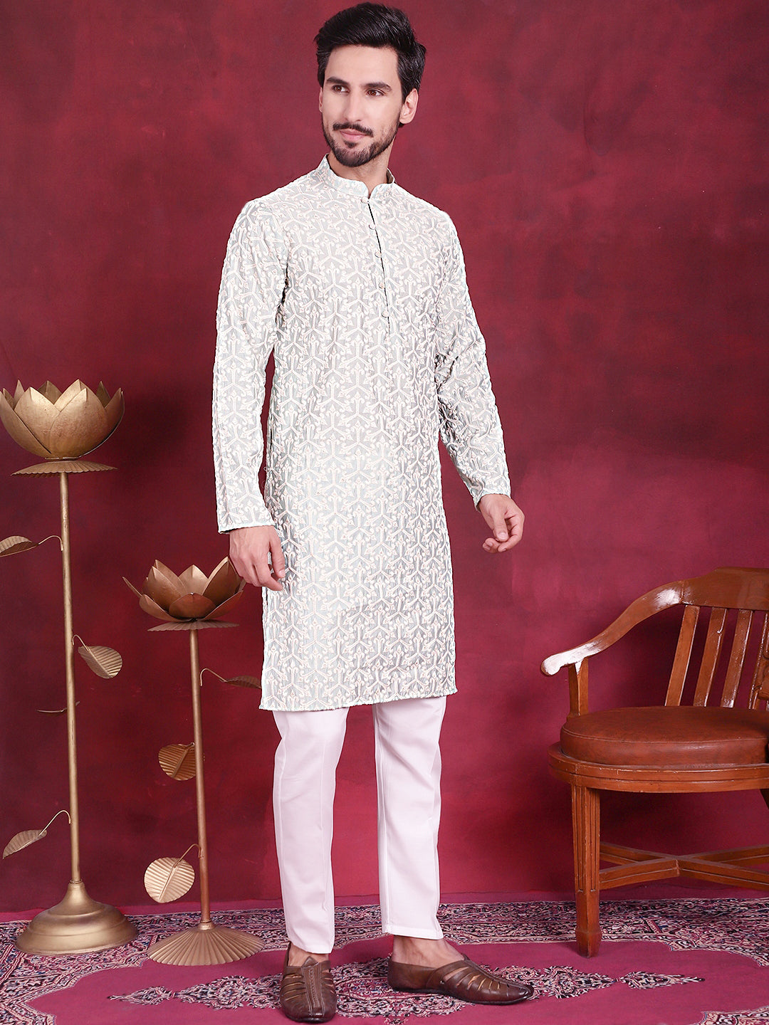 Mens Chikankari Embroidered Kurta Pyjama Set