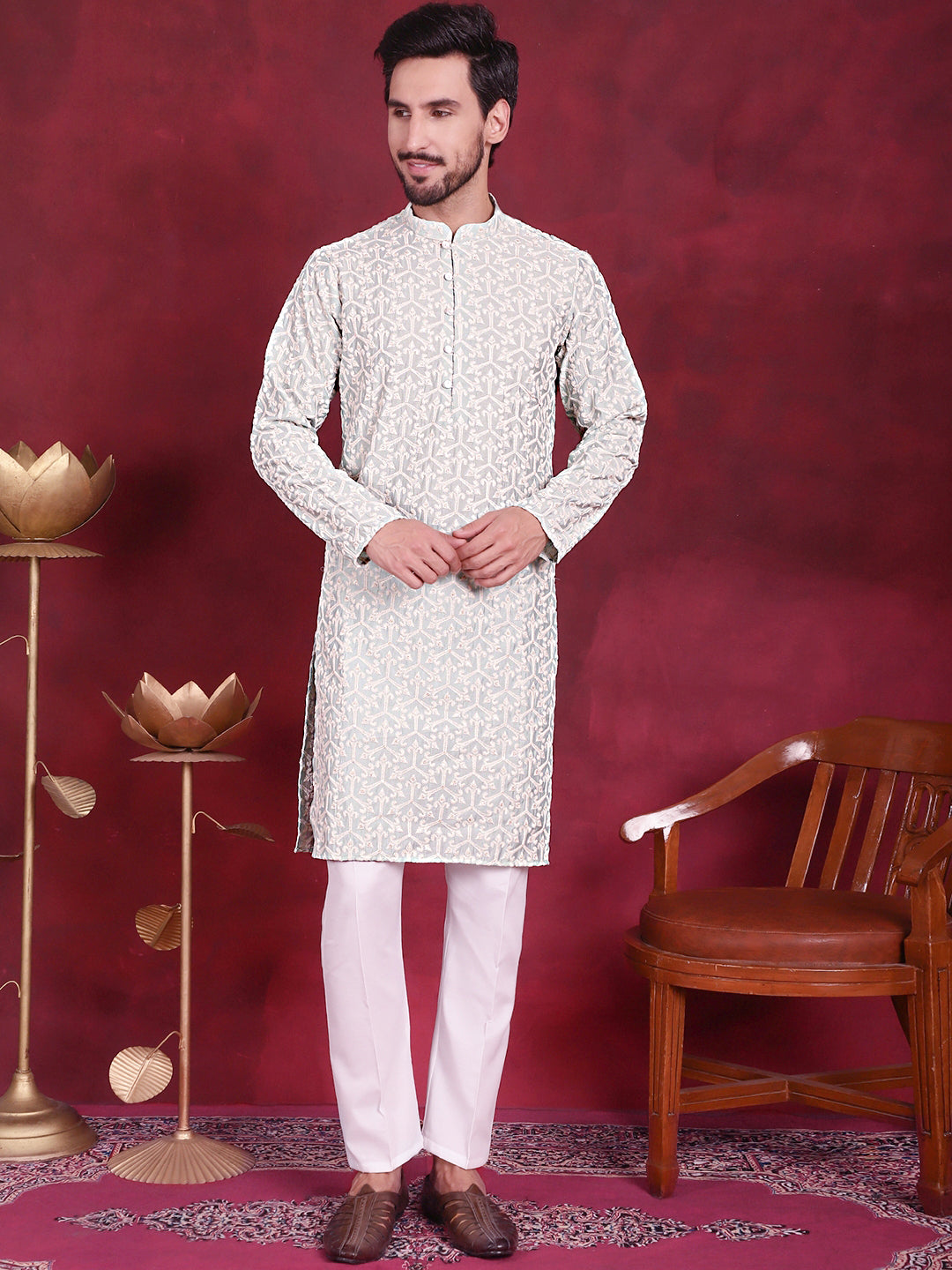 Mens Chikankari Embroidered Kurta Pyjama Set