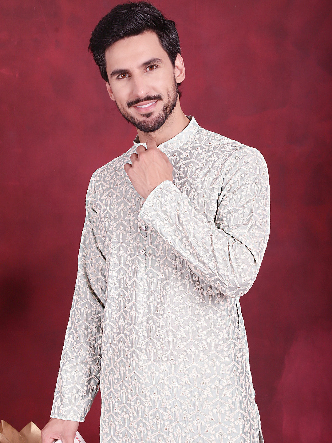 Mens Chikankari Embroidered Kurta Pyjama Set