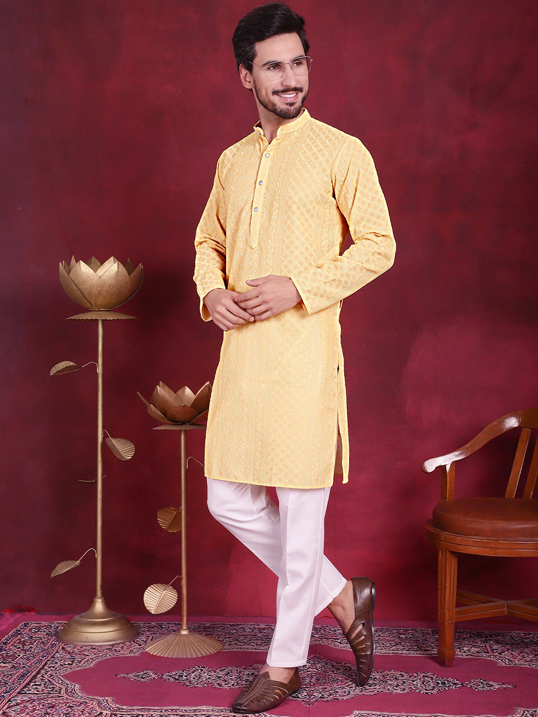 Mens Chikankari Embroidered Kurta Pyjama Set