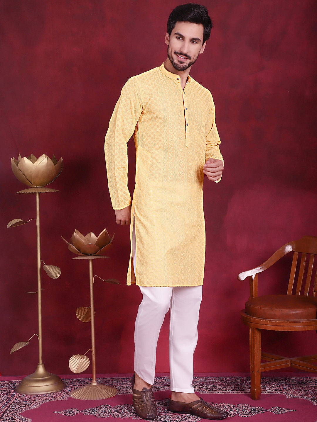 Mens Chikankari Embroidered Kurta Pyjama Set