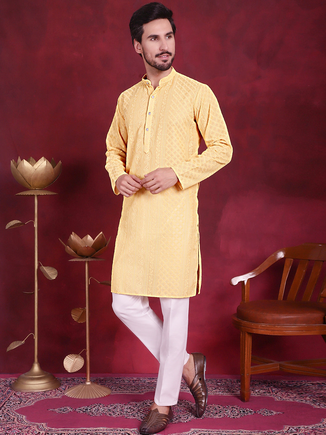Mens Chikankari Embroidered Kurta Pyjama Set
