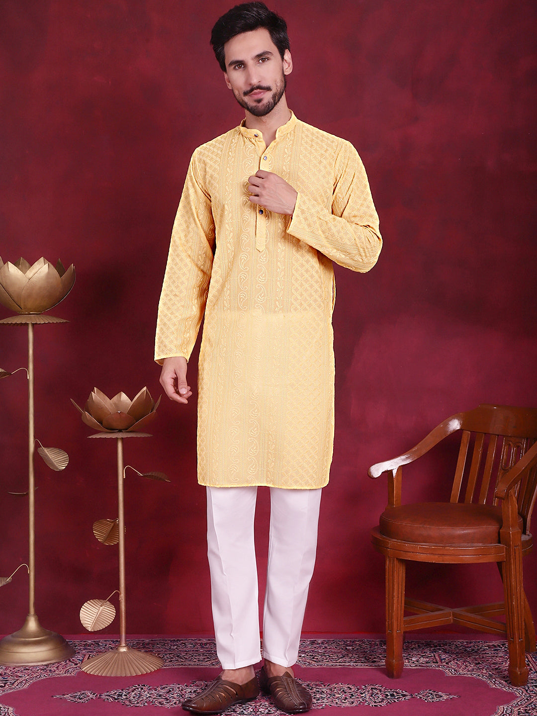 Mens Chikankari Embroidered Kurta Pyjama Set