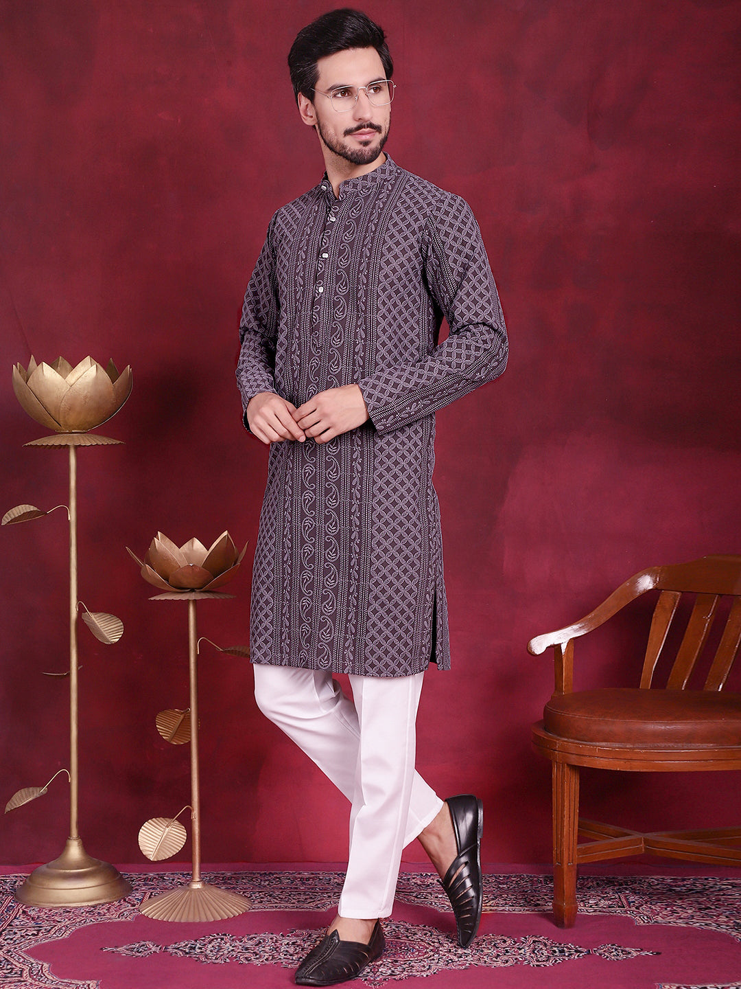 Mens Chikankari Embroidered Kurta Pyjama Set