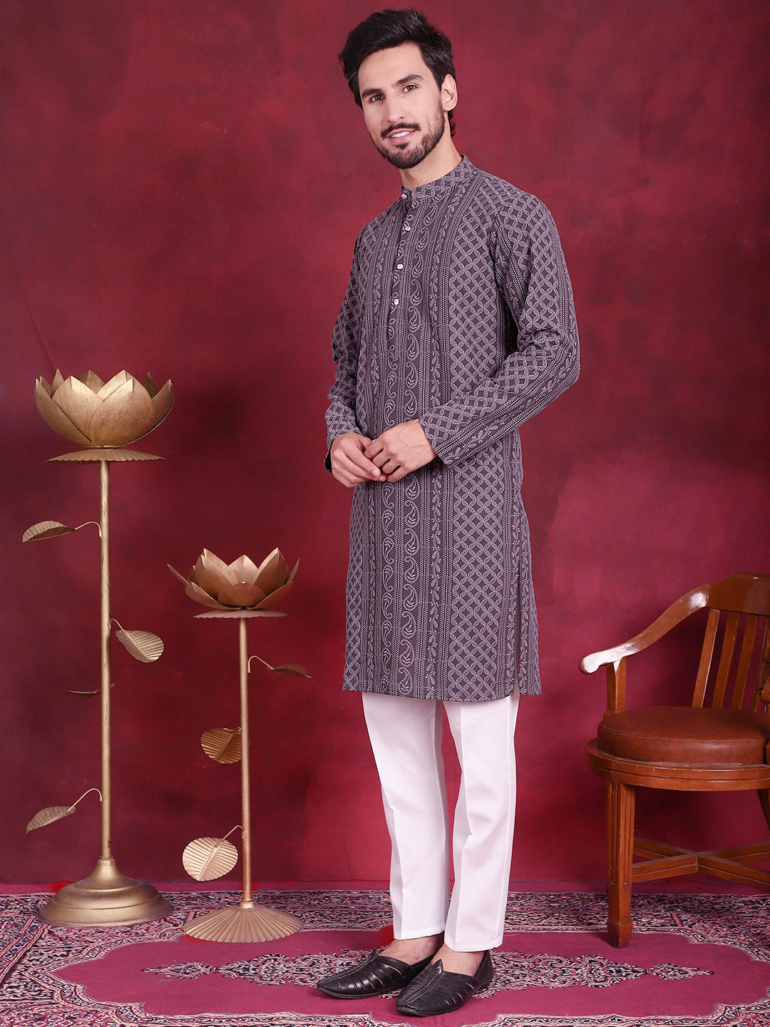 Mens Chikankari Embroidered Kurta Pyjama Set