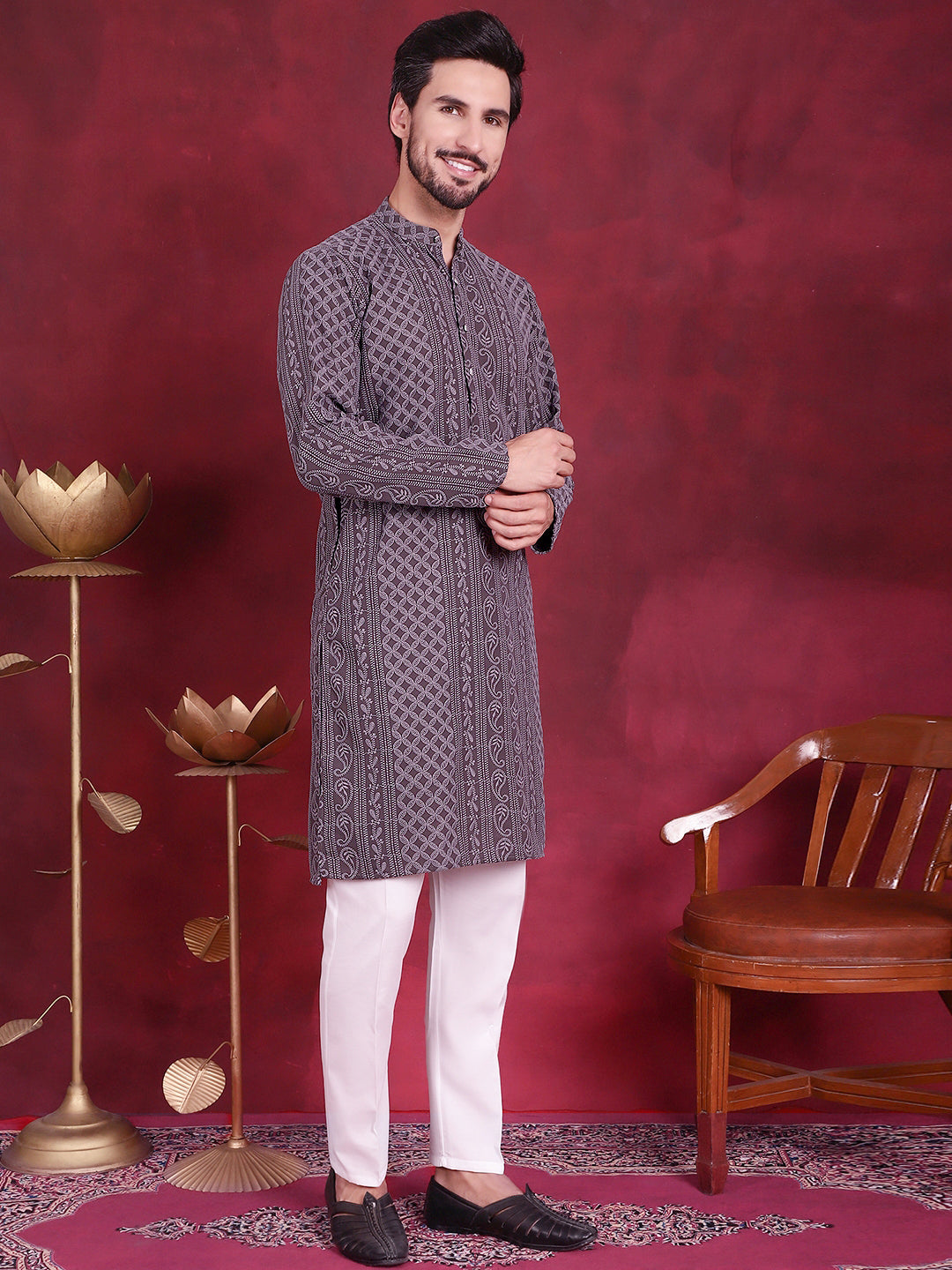 Mens Chikankari Embroidered Kurta Pyjama Set