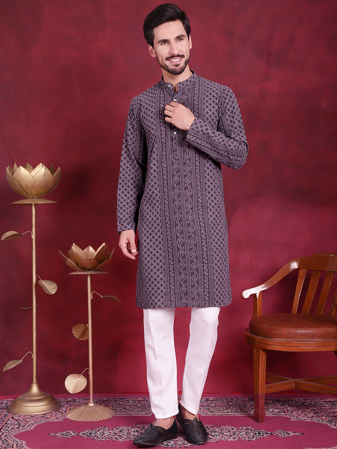 Mens Chikankari Embroidered Kurta Pyjama Set