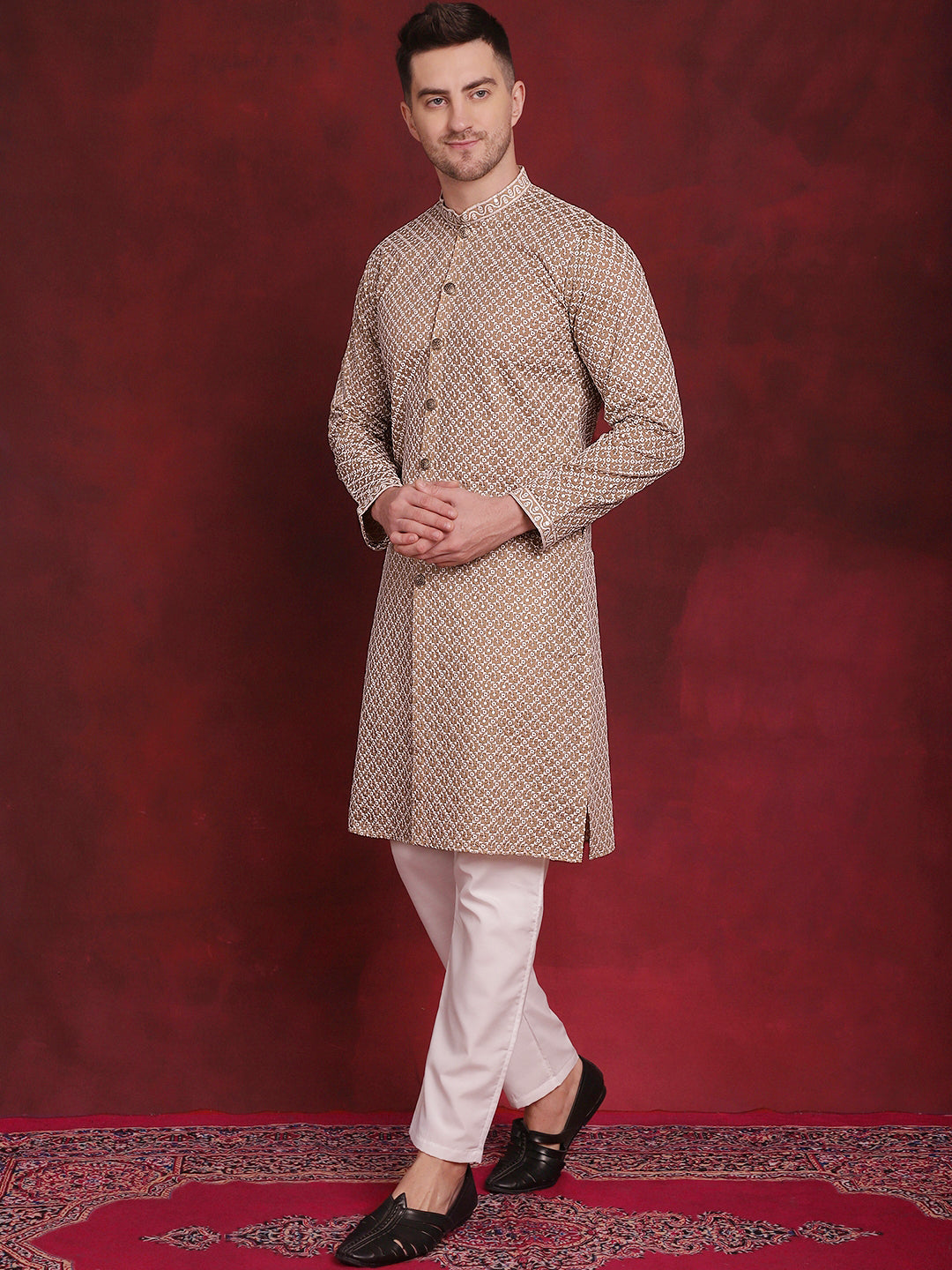 Mens Sequin Chikankari Front Open Kurta With Pyjamas