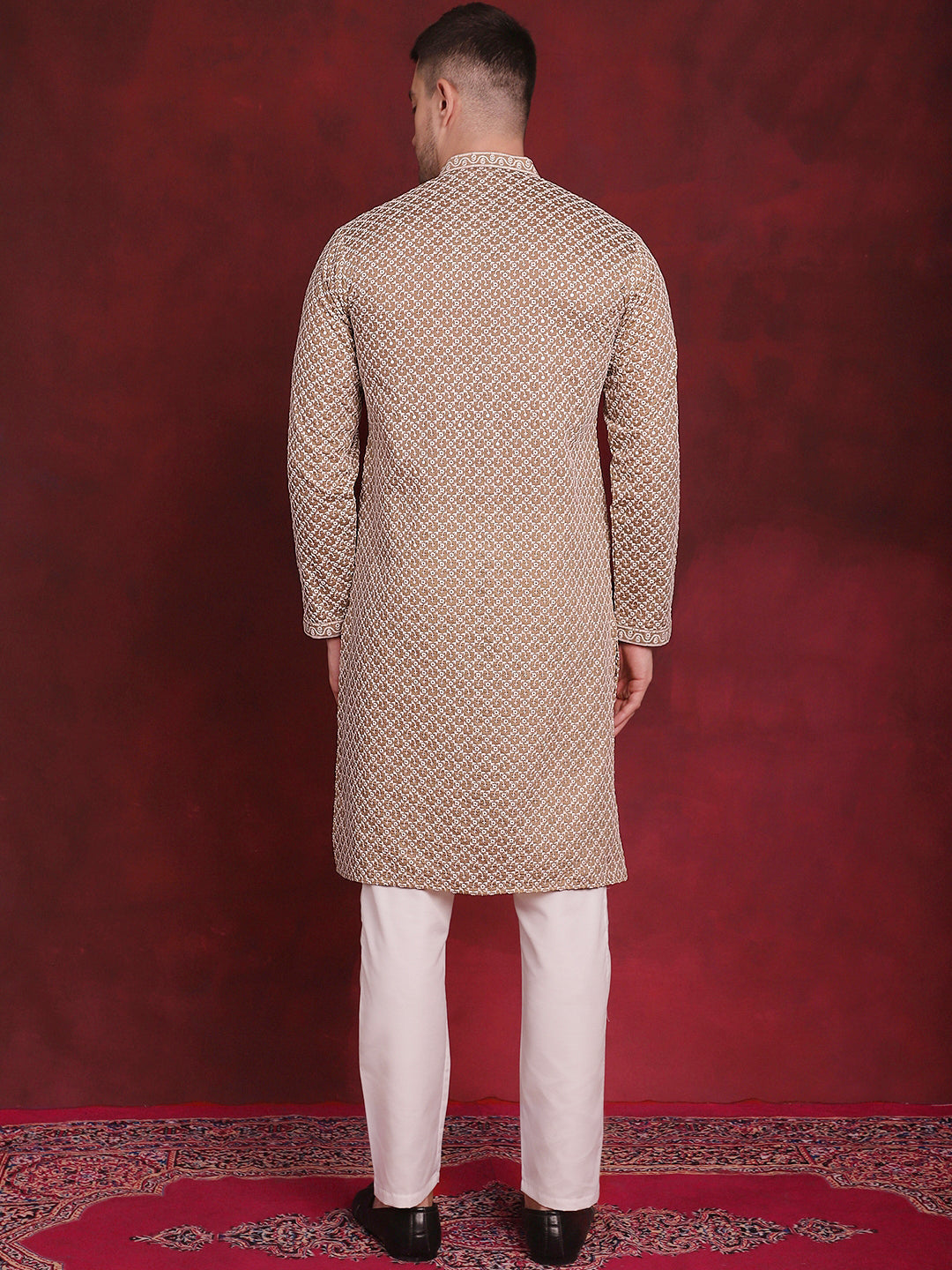 Mens Sequin Chikankari Front Open Kurta With Pyjamas