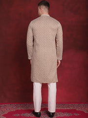 Men's Sequin Chikankari Front Open Kurta With Pyjamas ( JOKP P 5029Beige )
