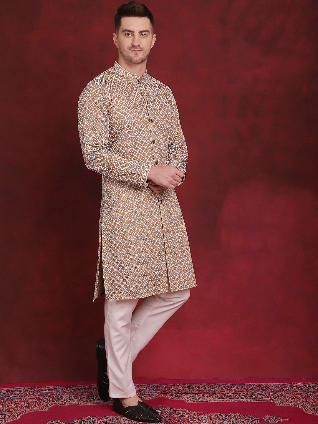 Mens Sequin Chikankari Front Open Kurta With Pyjamas
