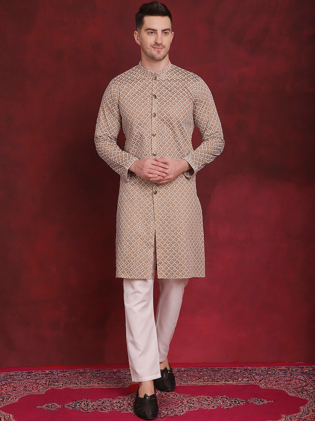 Mens Sequin Chikankari Front Open Kurta With Pyjamas