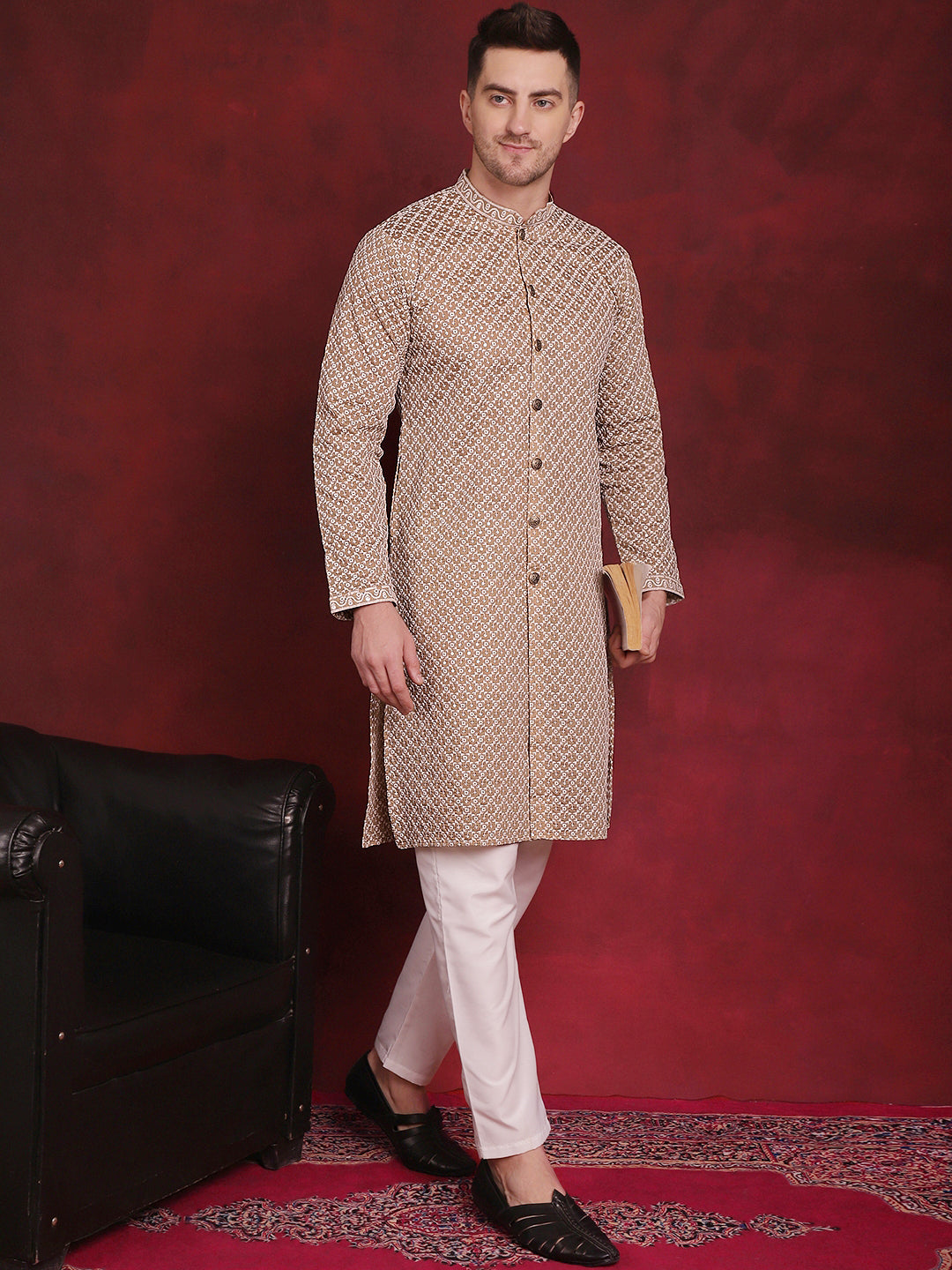 Mens Sequin Chikankari Front Open Kurta With Pyjamas
