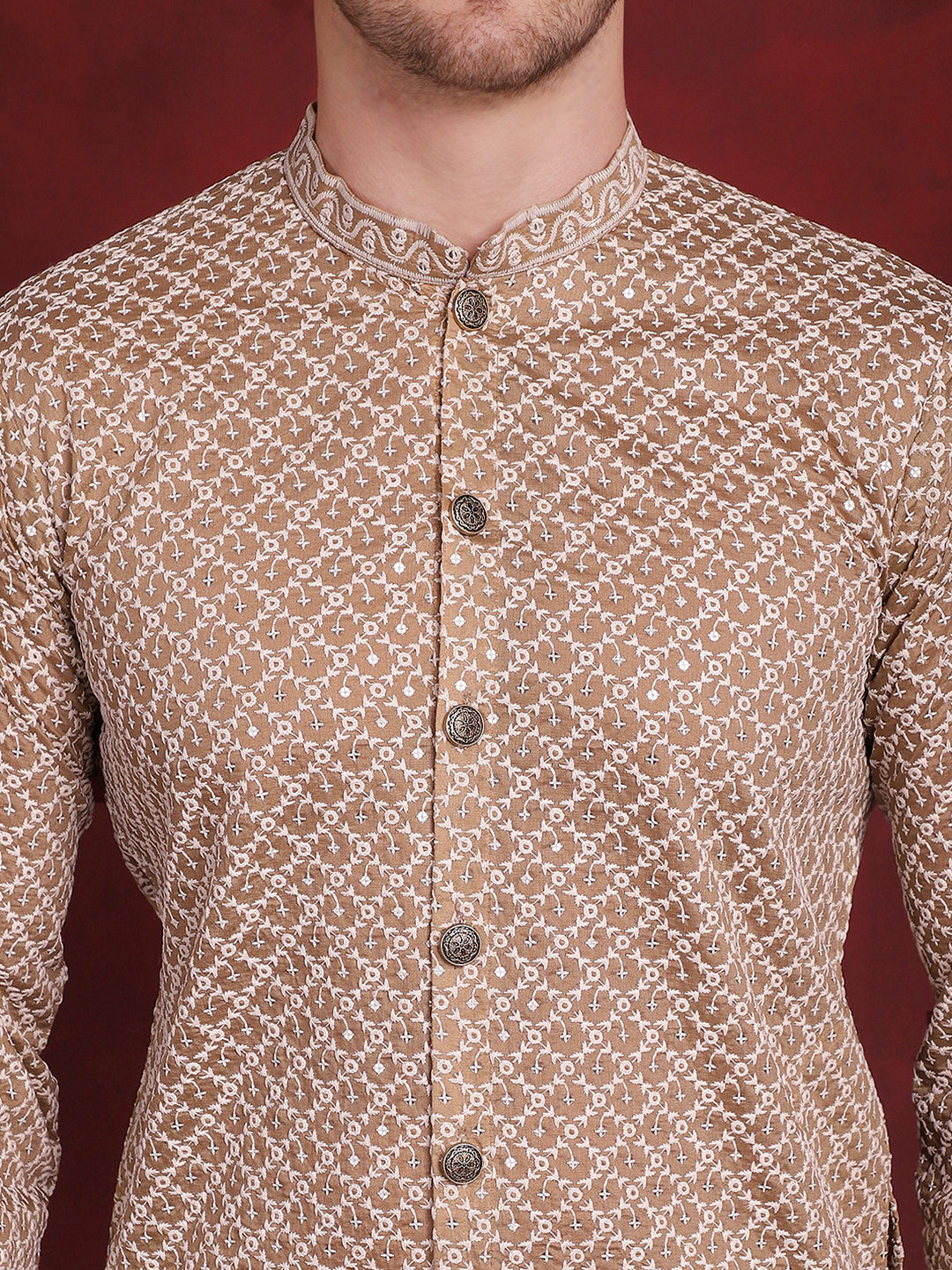 Mens Sequin Chikankari Front Open Kurta With Pyjamas