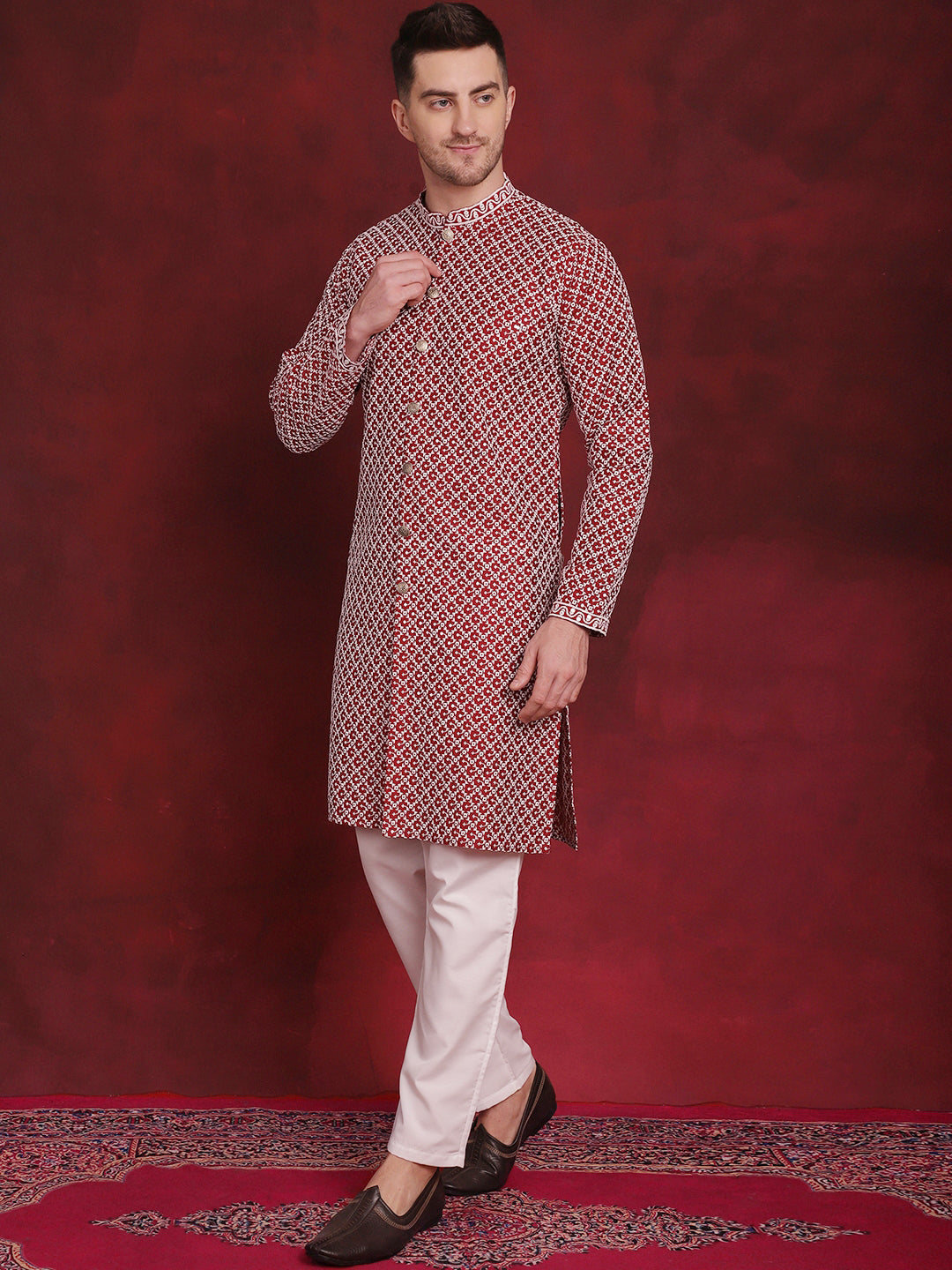 جومبرس - كورتا تشيكانكاري مفتوحة من الأمام مع بيجامة للرجال ( JOKP P 5029 Maroon )