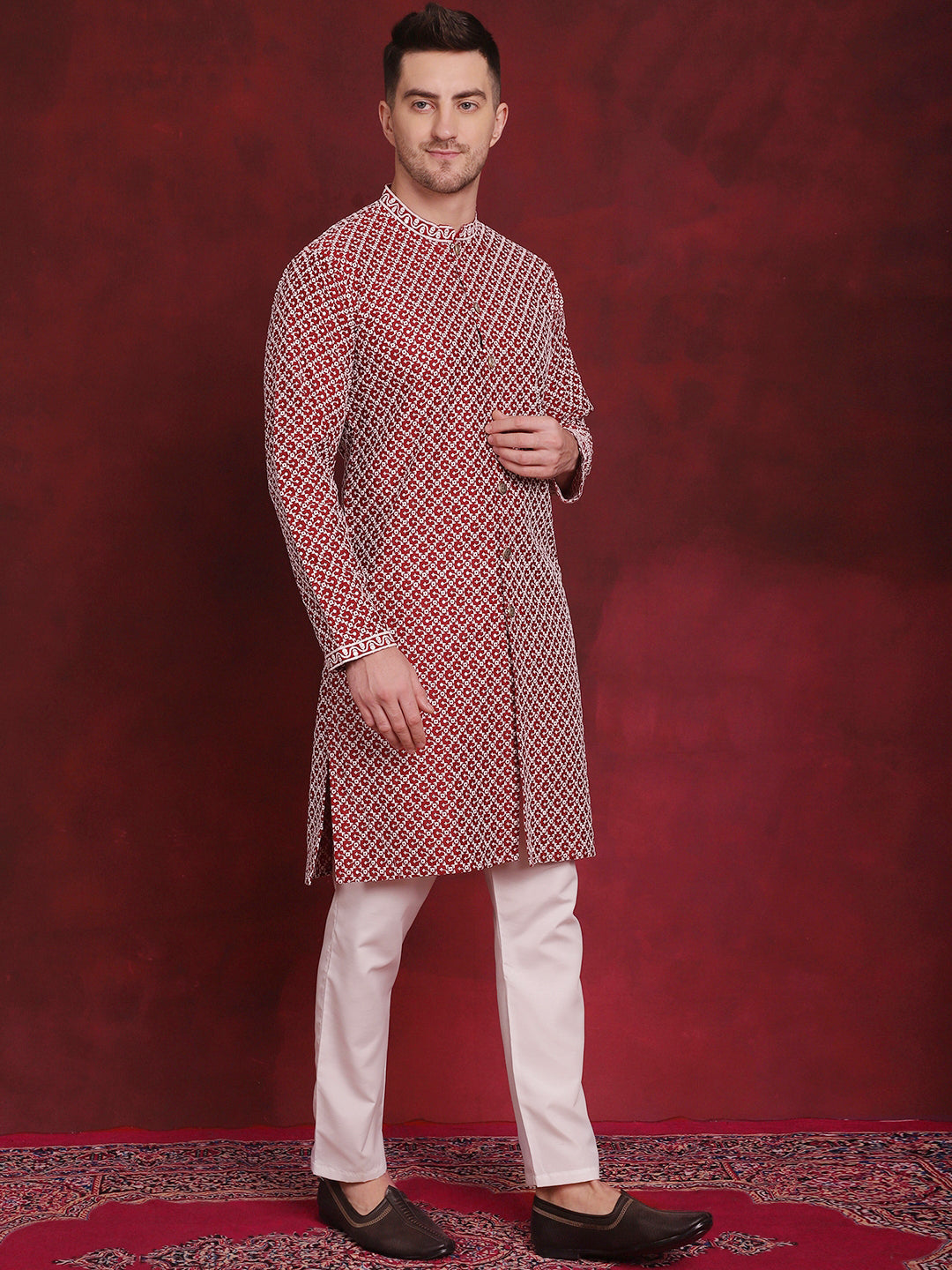 جومبرس - كورتا تشيكانكاري مفتوحة من الأمام مع بيجامة للرجال ( JOKP P 5029 Maroon )