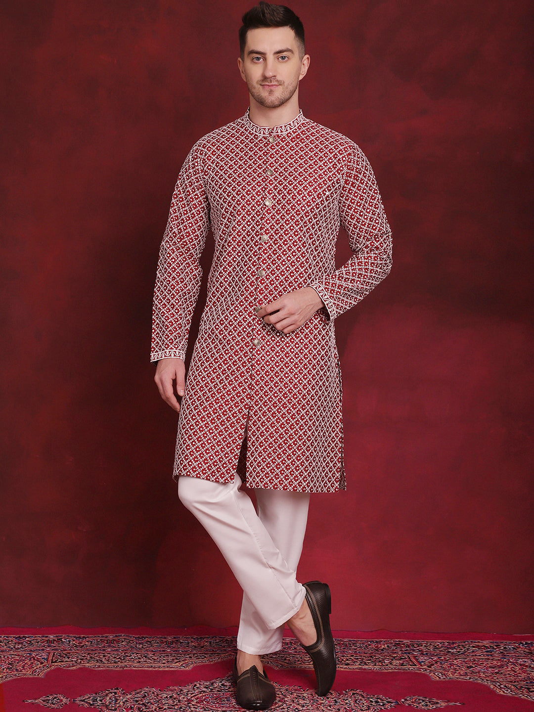 جومبرس - كورتا تشيكانكاري مفتوحة من الأمام مع بيجامة للرجال ( JOKP P 5029 Maroon )