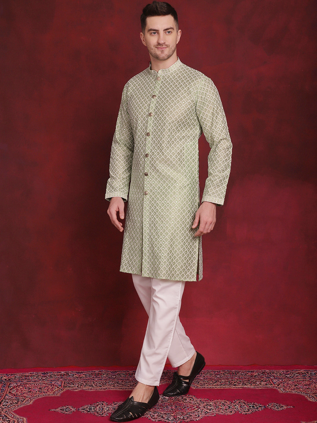 Mens Sequin Chikankari Front Open Kurta With Pyjamas