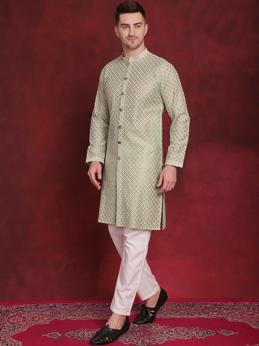 Mens Sequin Chikankari Front Open Kurta With Pyjamas
