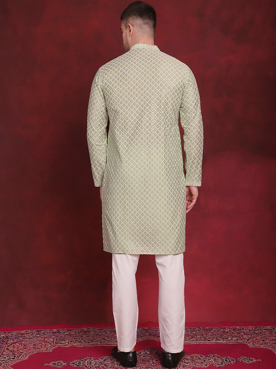 Mens Sequin Chikankari Front Open Kurta With Pyjamas
