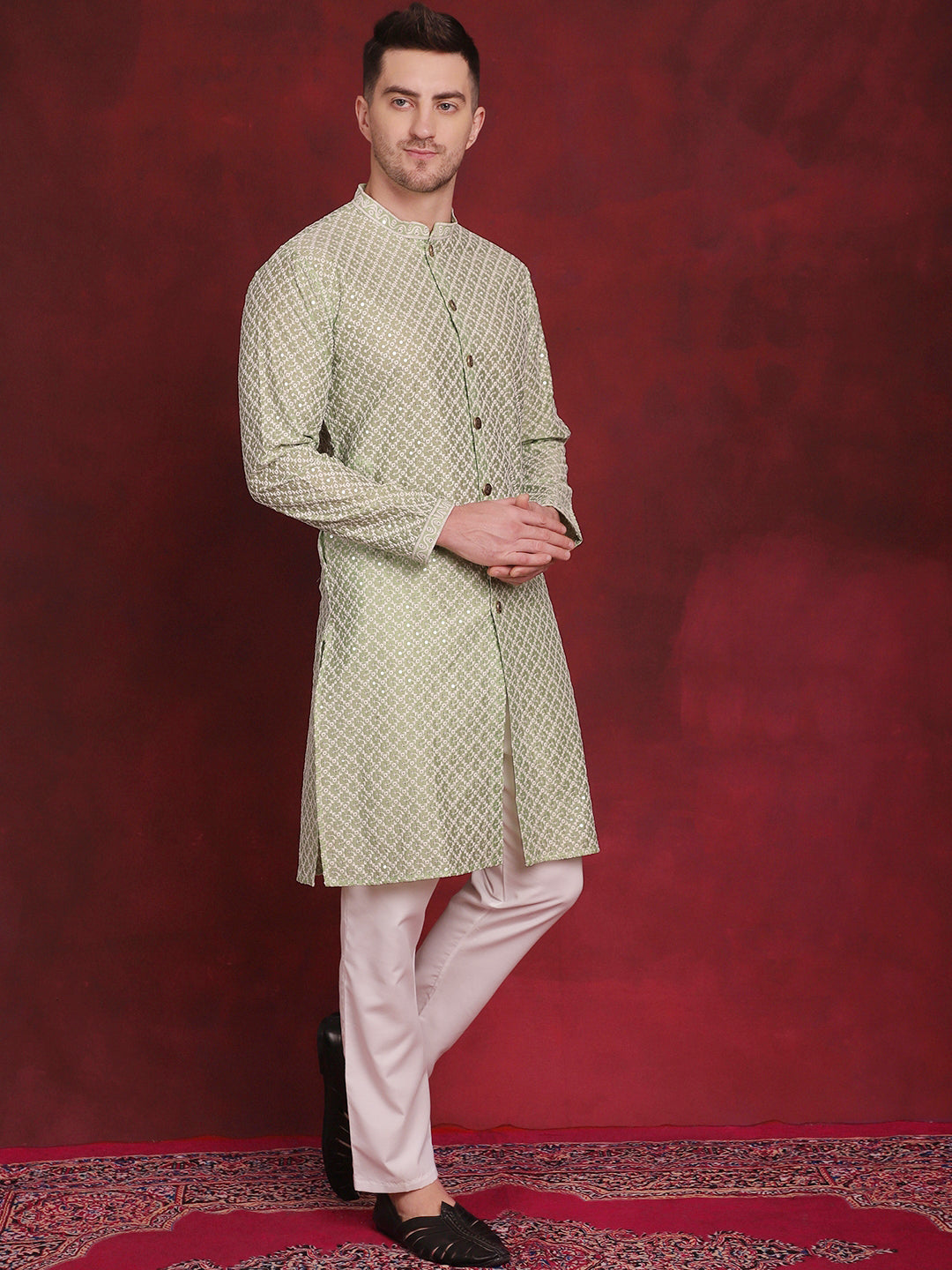 Mens Sequin Chikankari Front Open Kurta With Pyjamas