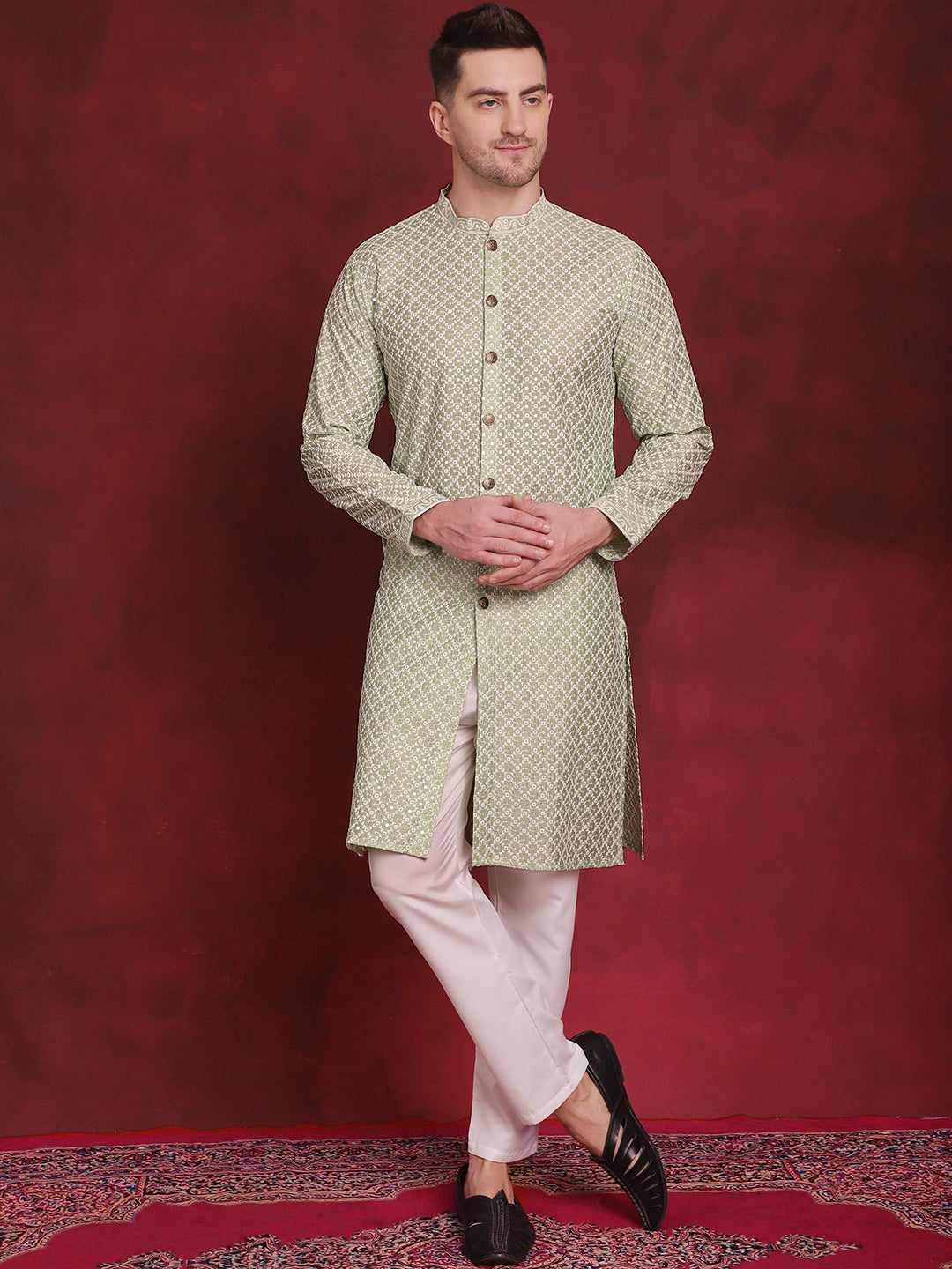 Mens Sequin Chikankari Front Open Kurta With Pyjamas