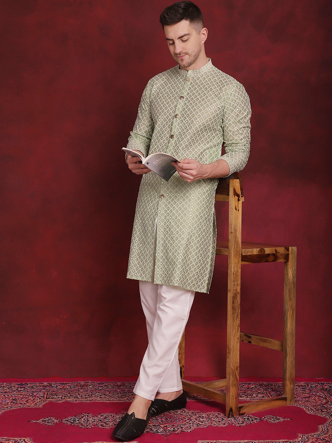 Mens Sequin Chikankari Front Open Kurta With Pyjamas