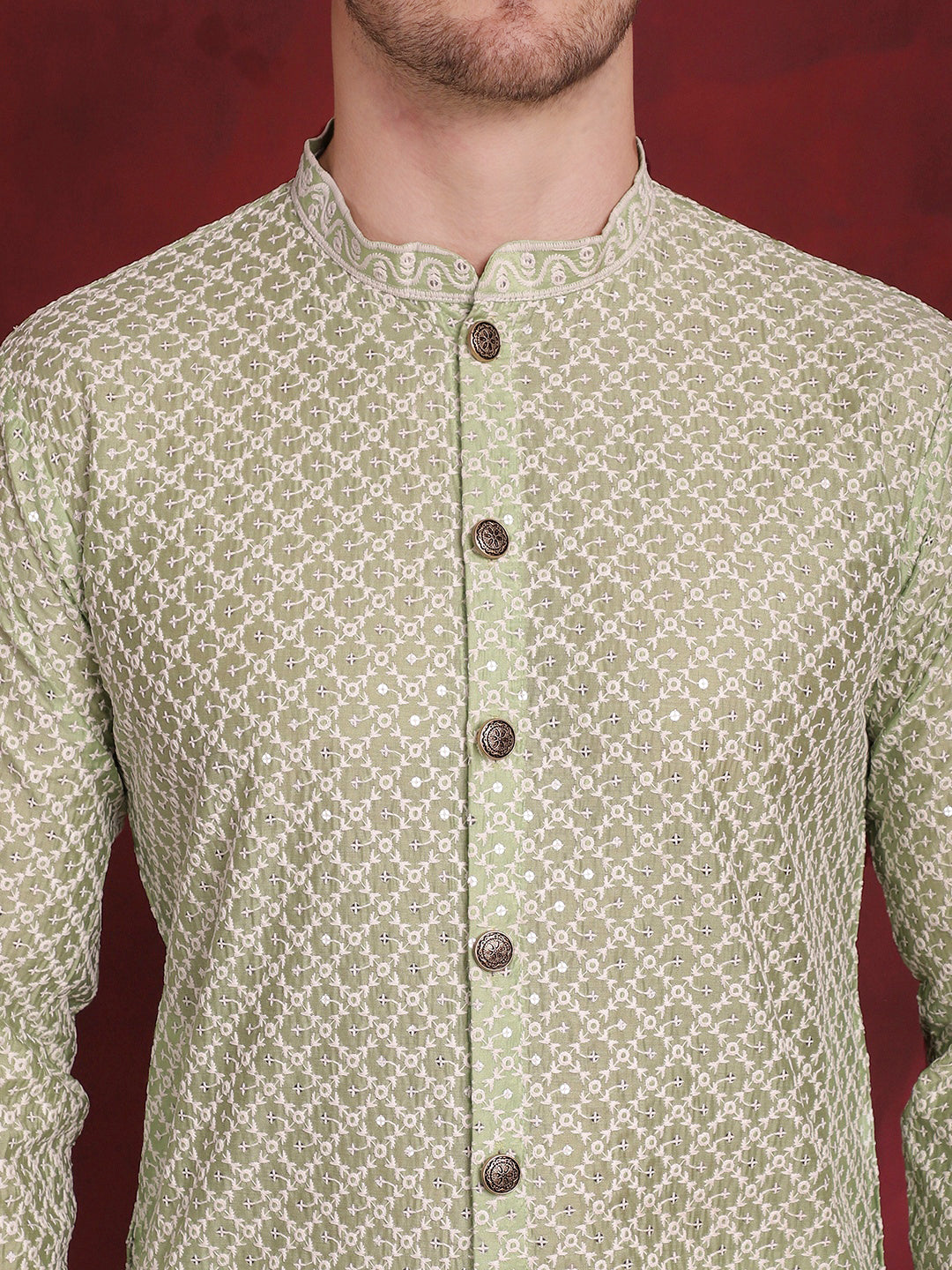 Mens Sequin Chikankari Front Open Kurta With Pyjamas