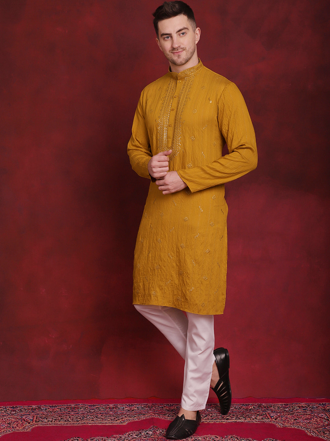 Mens Sequins Embroidered Kurta Pyjama Set