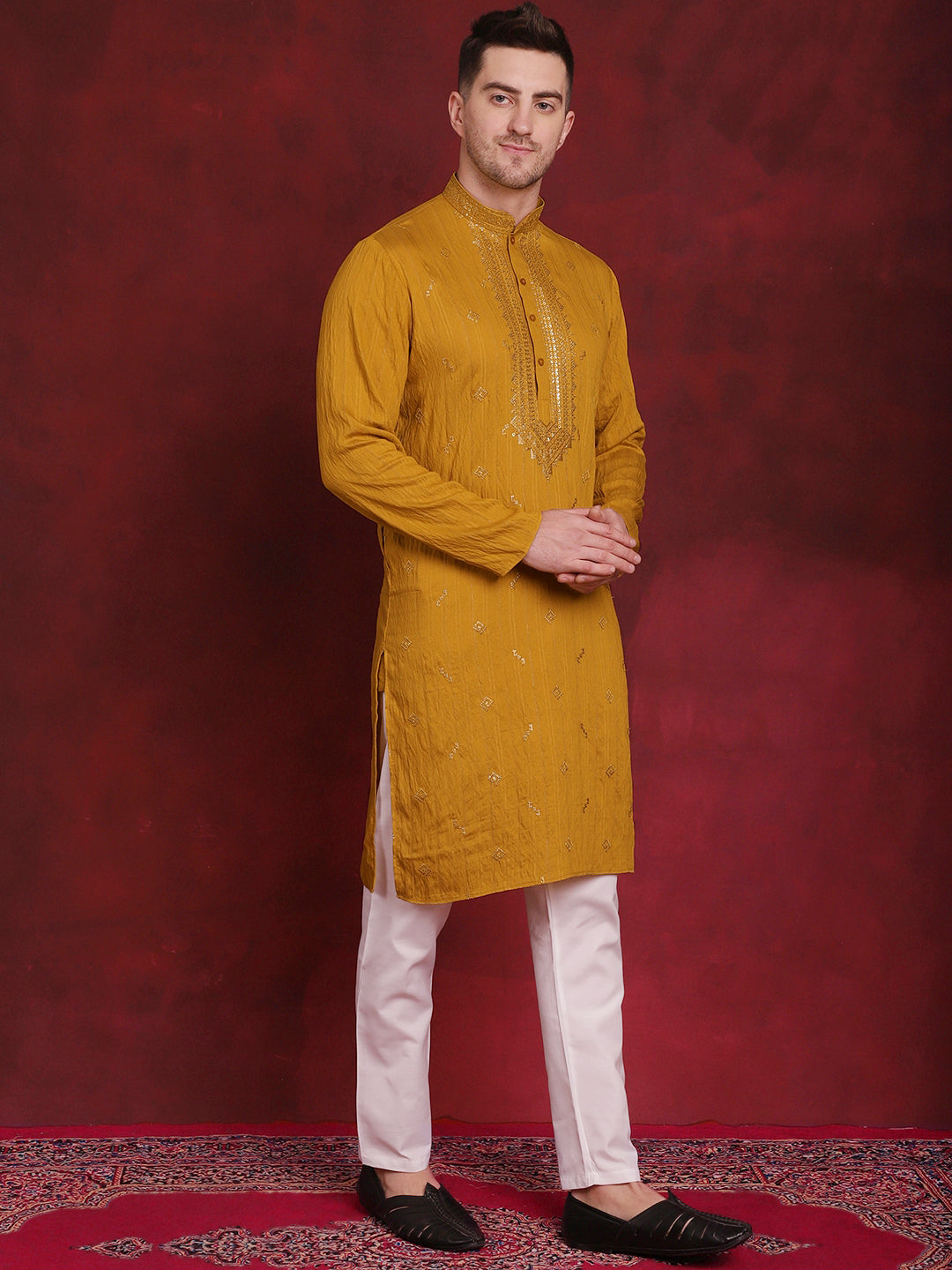 Mens Sequins Embroidered Kurta Pyjama Set