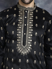 Men's Black Chikankari Embroidered Kurta With Pyjama ( JOKP P 5042Black )