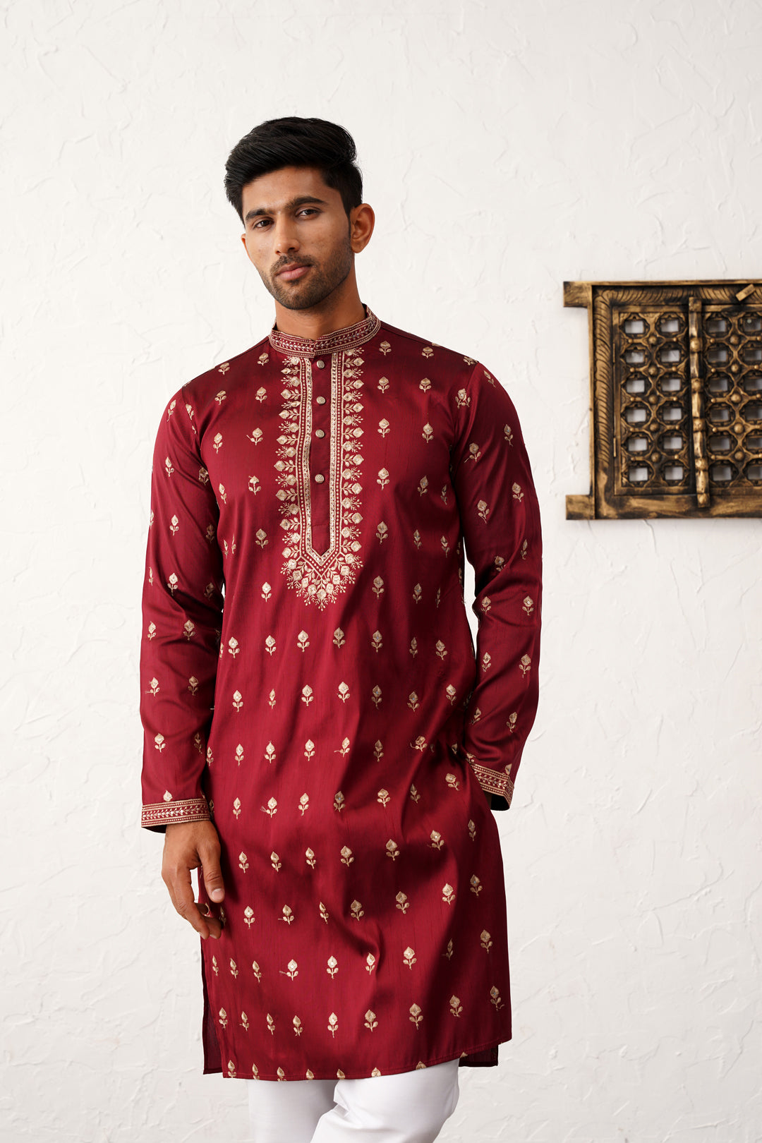 Jompers - Men's Maroon Chikankari Embroidered Kurta With Pyjama