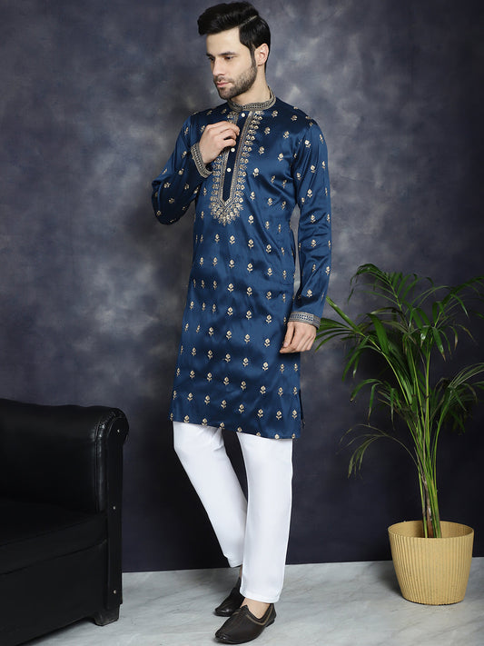 Men's Navy Blue Chikankari Embroidered Kurta With Pyjama ( JOKP P 5042Navy )