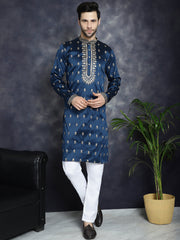 Men's Navy Blue Chikankari Embroidered Kurta With Pyjama ( JOKP P 5042Navy )