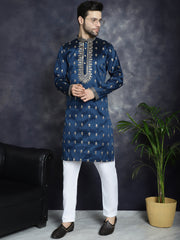 Men's Navy Blue Chikankari Embroidered Kurta With Pyjama ( JOKP P 5042Navy )