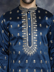 Men's Navy Blue Chikankari Embroidered Kurta With Pyjama ( JOKP P 5042Navy )