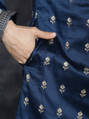 Men's Navy Blue Chikankari Embroidered Kurta With Pyjama ( JOKP P 5042Navy )