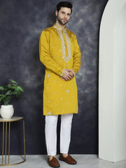 Men's Embroidered Kurta With Pyjama ( JOKP P 5045Mustard )