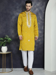 Men's Embroidered Kurta With Pyjama ( JOKP P 5045Mustard )