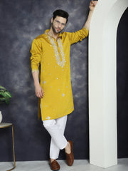 Men's Embroidered Kurta With Pyjama ( JOKP P 5045Mustard )