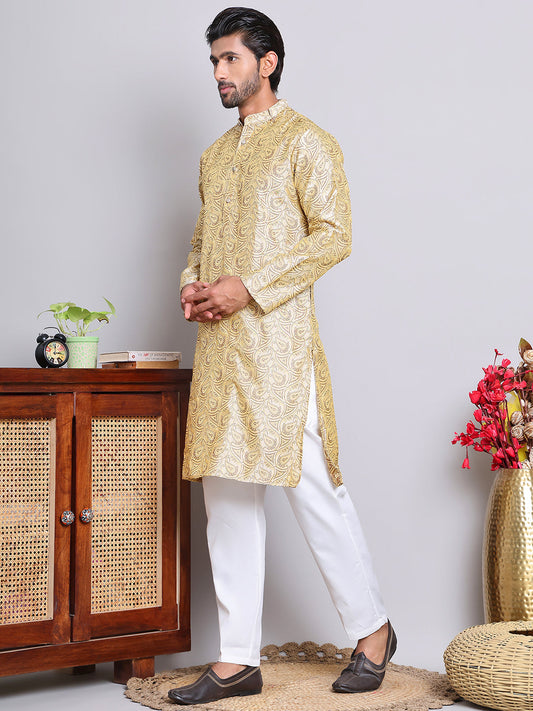 Men Golden Silk Blend Straight Kurta Pyjama Set ( JOKP 5071Golden )