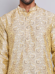 Men Golden Silk Blend Straight Kurta Pyjama Set ( JOKP 5071Golden )