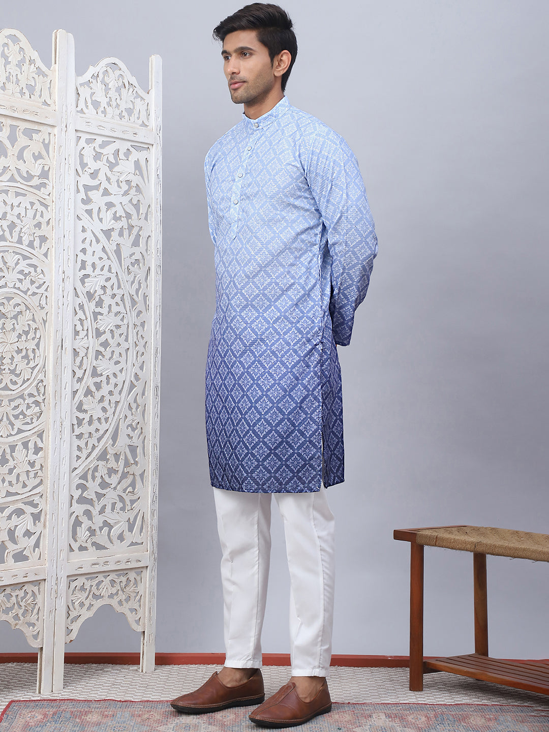 Mens Blue Ombre Printed Kurta Pyjama Set