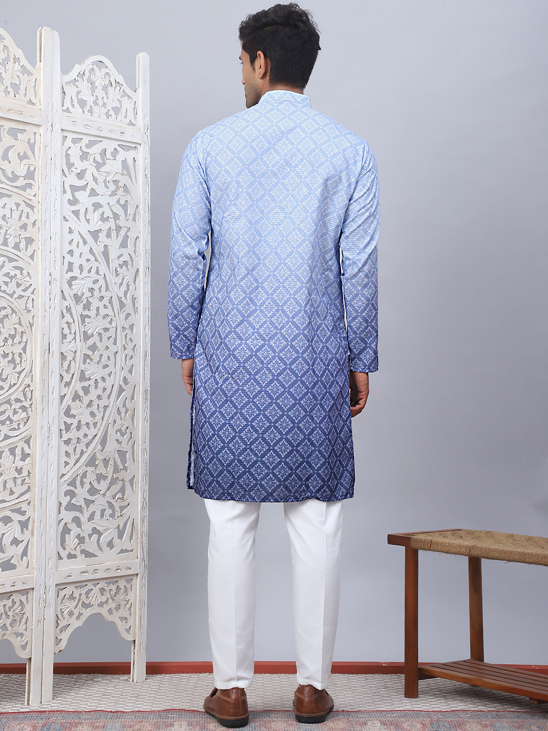 Mens Blue Ombre Printed Kurta Pyjama Set