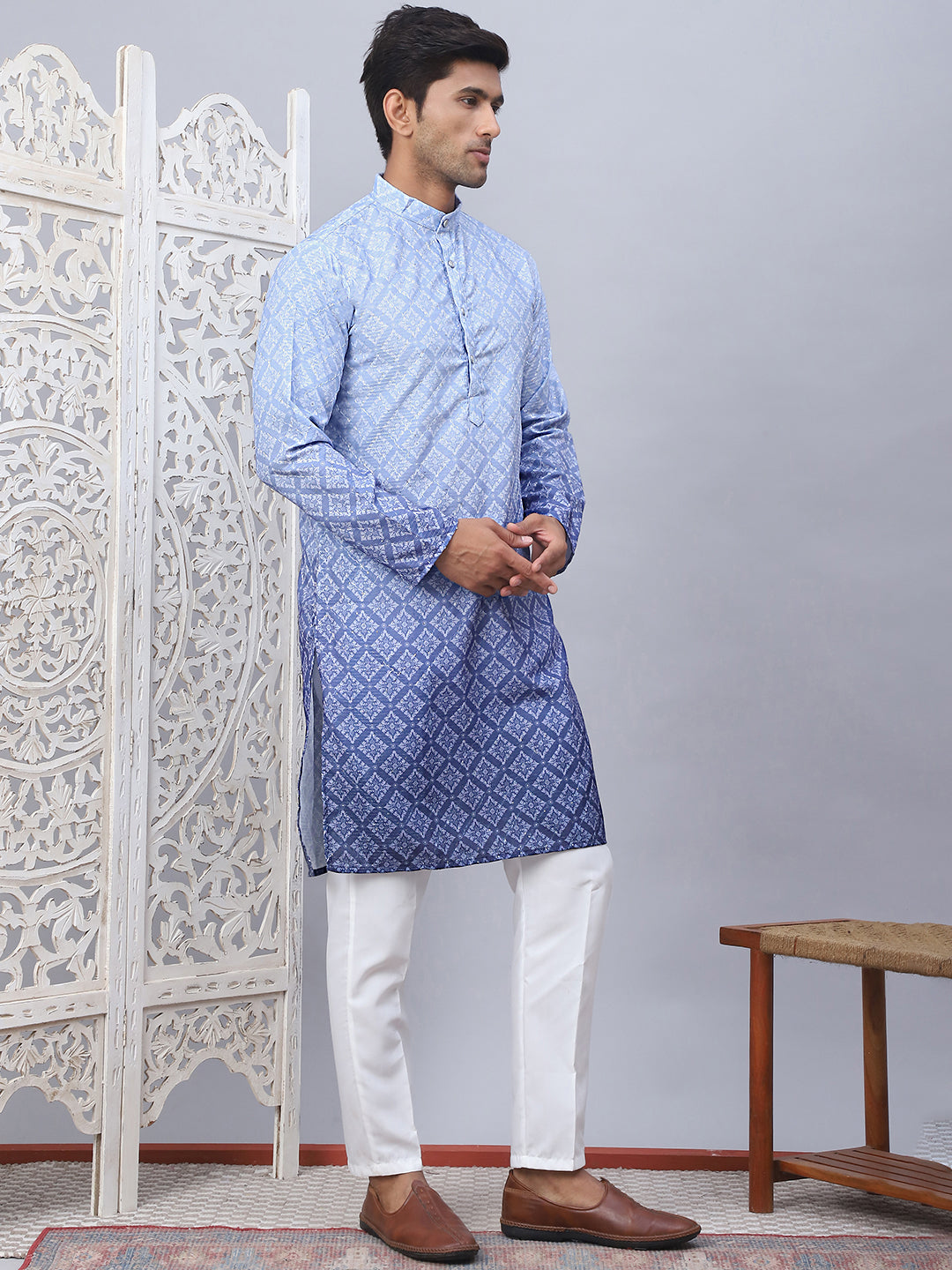Mens Blue Ombre Printed Kurta Pyjama Set