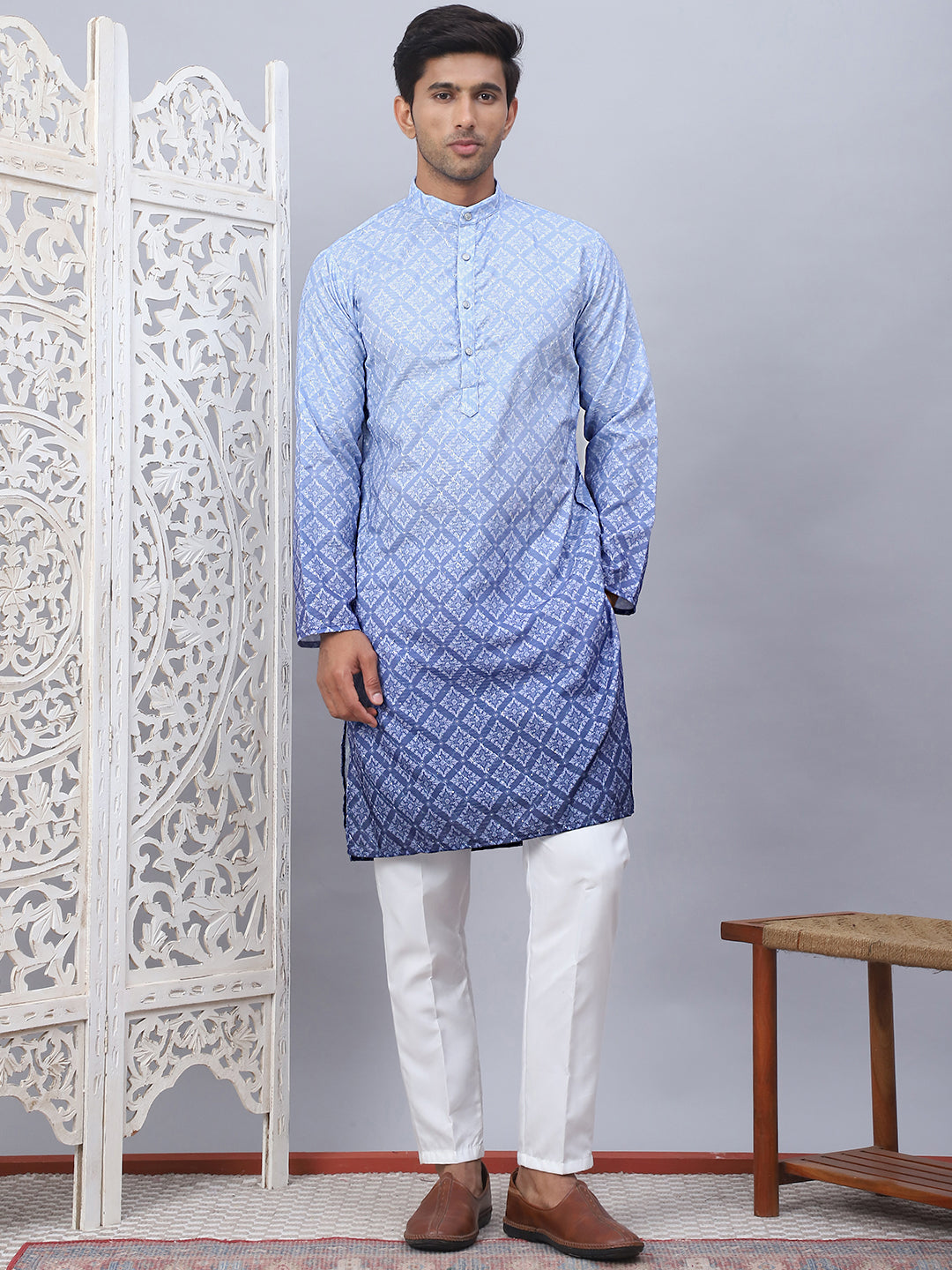 Mens Blue Ombre Printed Kurta Pyjama Set