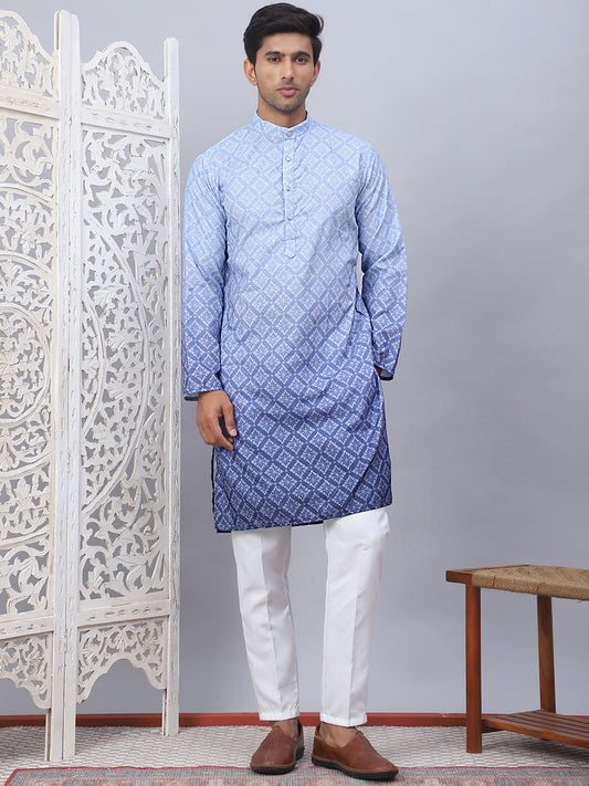 Mens Blue Ombre Printed Kurta Pyjama Set